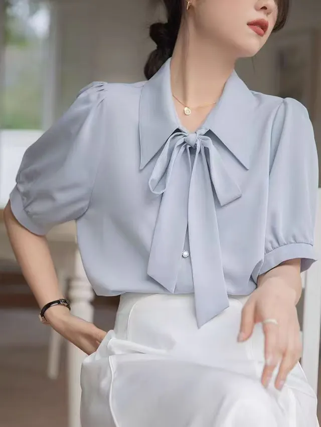 Chiffon Bow Women's Professional Wear Formal White Shirt Light Blue Short Sleeve - Shop at LoveMi
