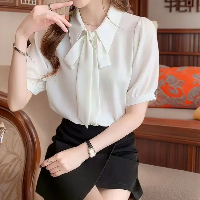 Chiffon Bow Women's Professional Wear Formal White Shirt White Short Sleeve - Shop at LoveMi