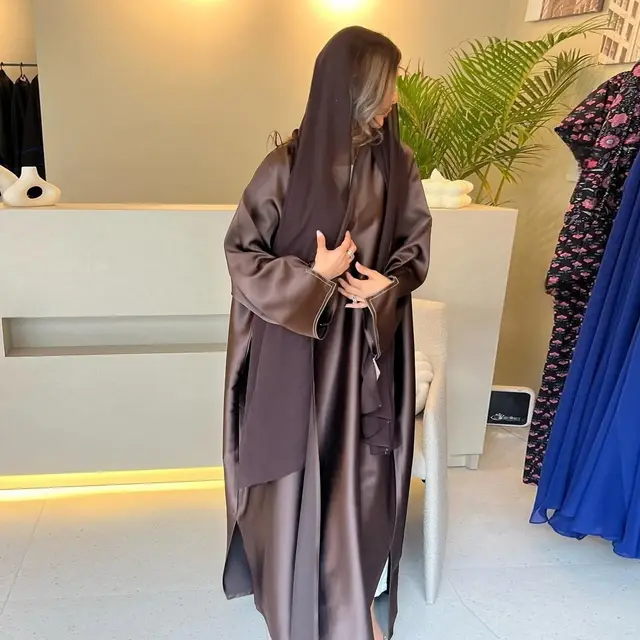 Muslim Robe Middle East Loose Solid Color Satin Cardigan Outerwear Brown - Shop at LoveMi