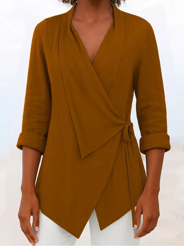 Women's Autumn And Winter V neck Cotton And Linen Solid Color Shirt Brown - Shop at LoveMi
