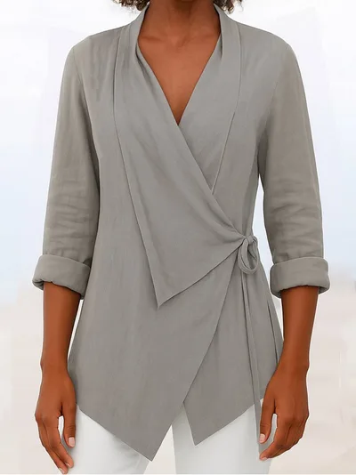 Women's Autumn And Winter V neck Cotton And Linen Solid Color Shirt Gray - Shop at LoveMi