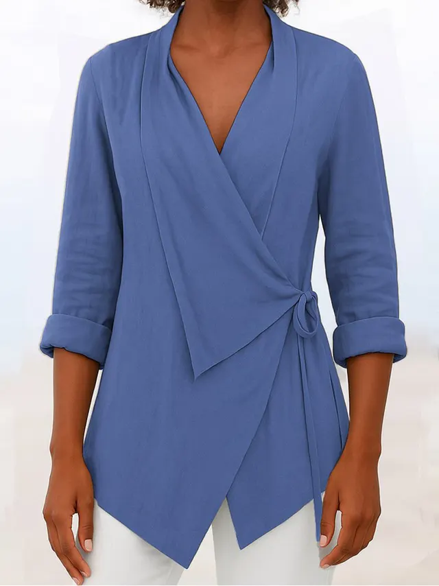 Women's Autumn And Winter V neck Cotton And Linen Solid Color Shirt Sky Blue - Shop at LoveMi