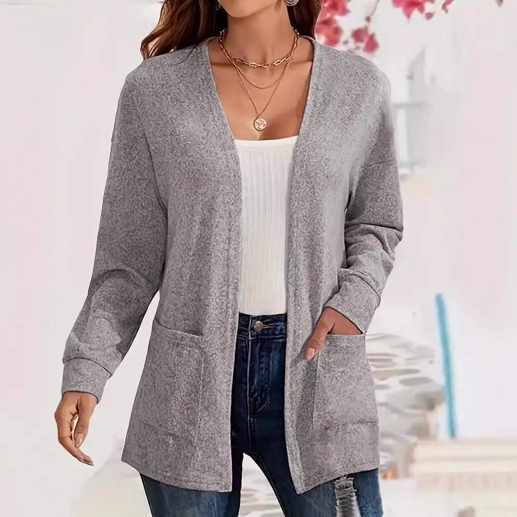 Women's Casual Solid Color Pocket Loose-fitting Thin Long Sleeve Coat - Gray