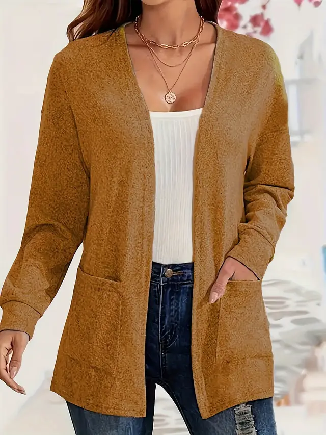 Women's Casual Solid Color Pocket Loose fitting Thin Long Sleeve Coat Light Brown - Shop at LoveMi