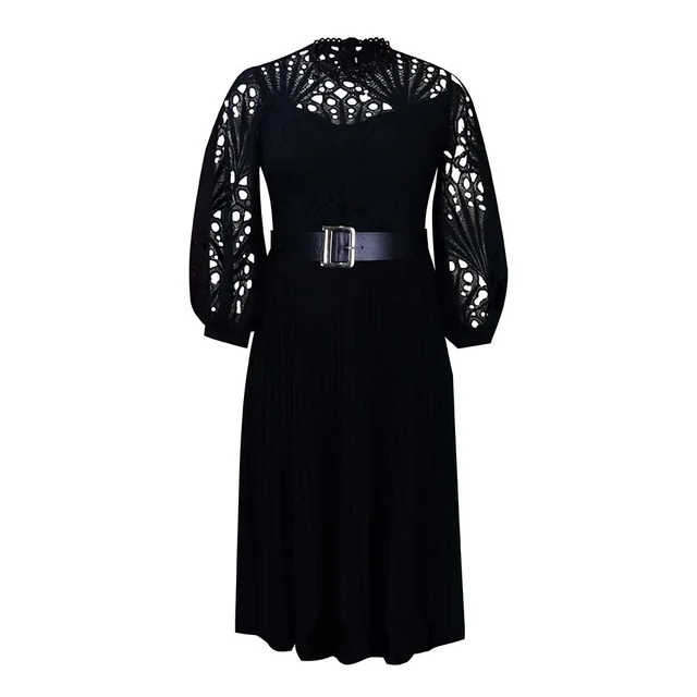 Lace Stitching Pleated Hollow out Plus Size African Dress Black - Shop at LoveMi