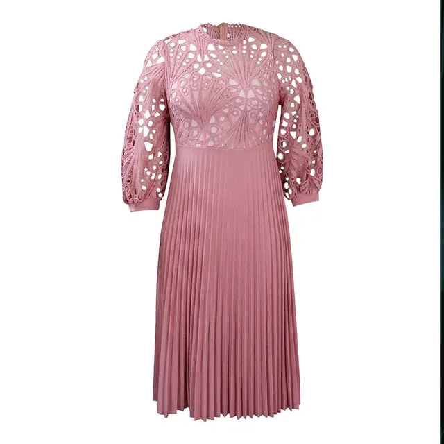 Lace Stitching Pleated Hollow out Plus Size African Dress Pink - Shop at LoveMi