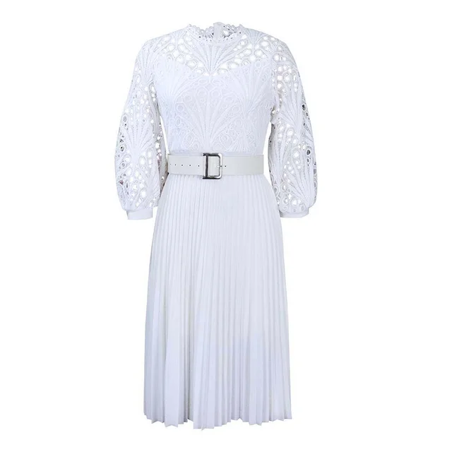 Lace Stitching Pleated Hollow out Plus Size African Dress White - Shop at LoveMi