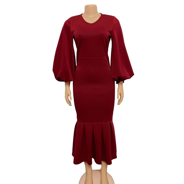 European And American Fashion Plus Size V neck Long sleeve Dress Wine Red - Shop at LoveMi