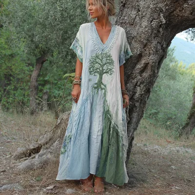 Female Creative Pattern Printed V neck Short Sleeve Dress 3D873 - Shop at LoveMi