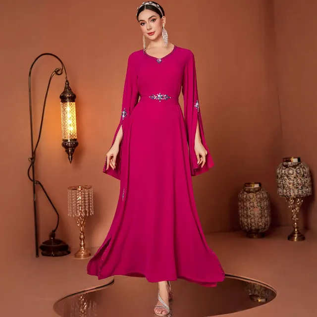 V neck Hand stitched Diamond Decorations Turkish Robe Dress Rose Red - Shop at LoveMi