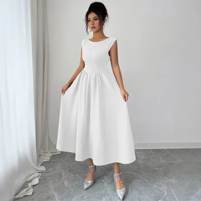 Solid Color Waist Long Skirt Dress Women Beige - Shop at LoveMi