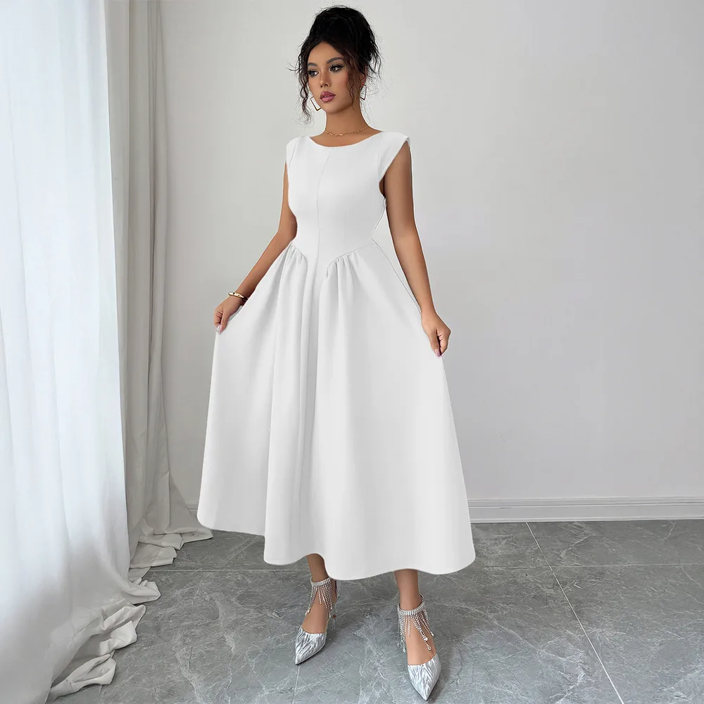 Solid Color Waist Long Skirt Dress Women Beige - Shop at LoveMi