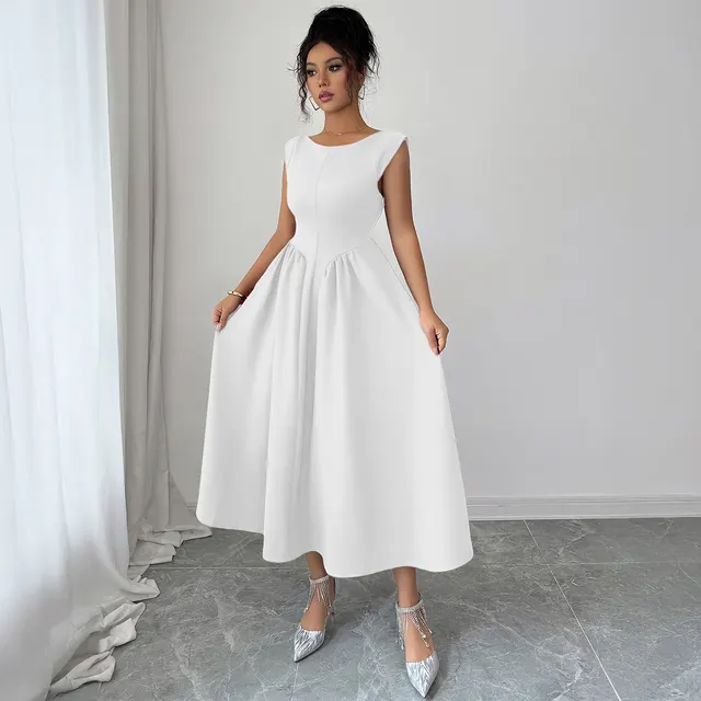 Solid Color Waist Long Skirt Dress Women Beige - Shop at LoveMi