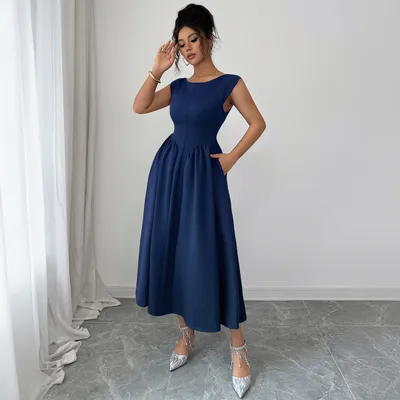 Solid Color Waist Long Skirt Dress Women Dark Blue - Shop at LoveMi