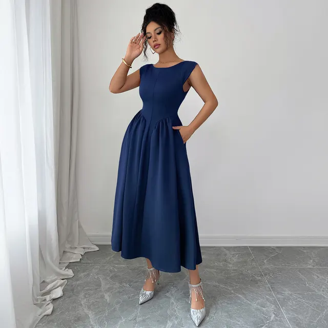 Solid Color Waist Long Skirt Dress Women Dark Blue - Shop at LoveMi