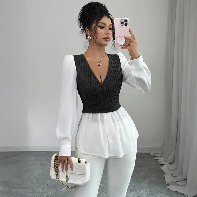 Elegant Stitching Long Sleeve Vest Shirt For Women Black - Shop at LoveMi