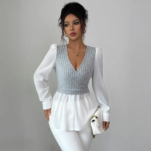 Elegant Stitching Long Sleeve Vest Shirt For Women Melange Gray - Shop at LoveMi