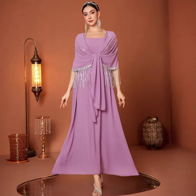 Evening Wear Asterism Sequin Tassel Shawl Fake Two piece Silver Robe Pink Purple - Shop at LoveMi