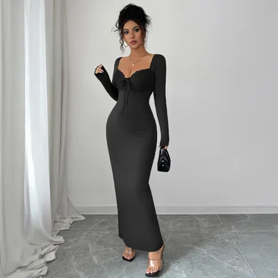 Solid Color Lace Package Hip Skirt Dress Women Black - Shop at LoveMi