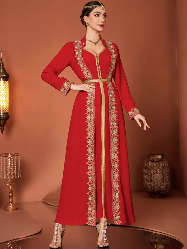 Arab Court Hongjin Embroidered V neck Fake Two piece Long Skirt Red - Shop at LoveMi