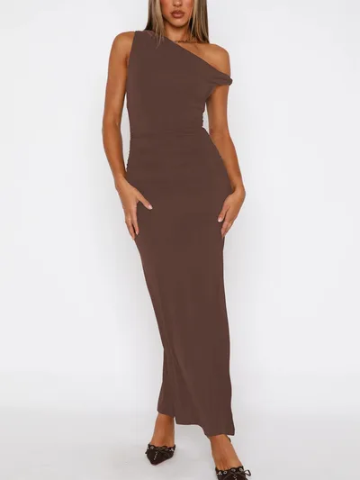 New One shoulder Diagonal Collar Dress Sleeveless Lace up Brown - Shop at LoveMi