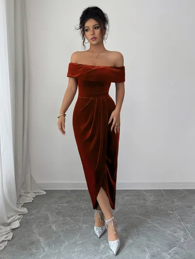 Elegant Tube Top Solid Color Dress Women Brown - Shop at LoveMi