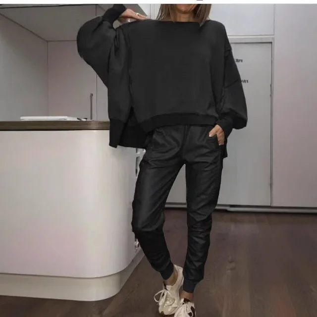 Side Slit Round Neck Casual Top Plus Small Angle Blouse And Pants Female Black - Shop at LoveMi