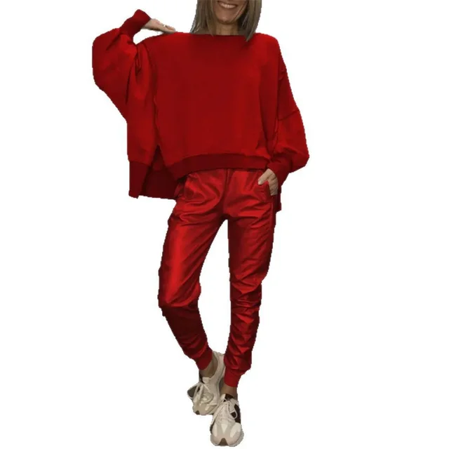 Side Slit Round Neck Casual Top Plus Small Angle Blouse And Pants Female Red - Shop at LoveMi