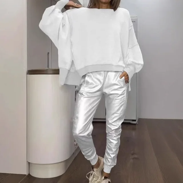 Side Slit Round Neck Casual Top Plus Small Angle Blouse And Pants Female White - Shop at LoveMi