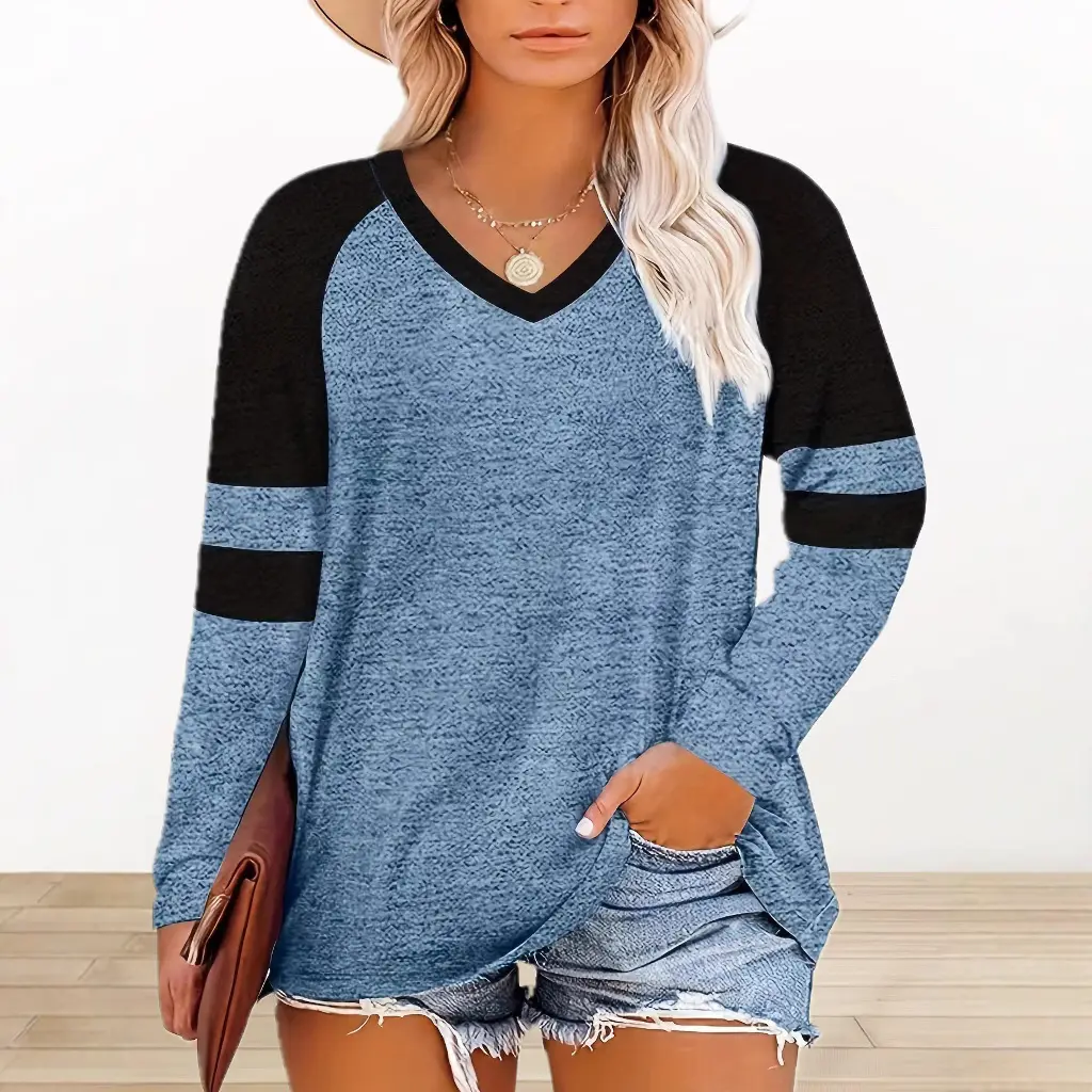Female Casual V-neck Digital Printing Loose Oversized Long Sleeves - Sky Blue