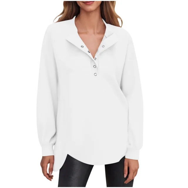 Women's Fashion Casual Solid Color Round Neck Button Long Sleeve Top White - Shop at LoveMi