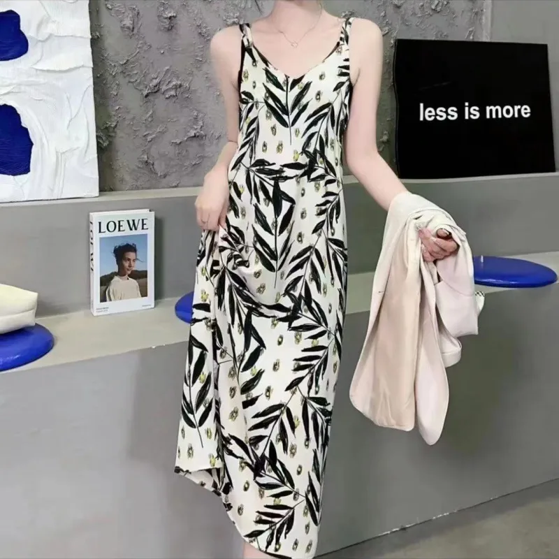 Fashion Temperament Printed Strap Floral Dress - Bamboo Leaf Flower - View 1