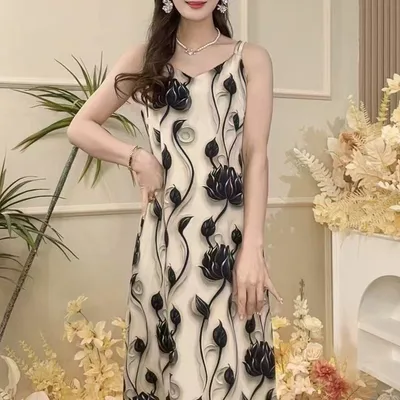 Fashion Temperament Printed Strap Floral Dress Black Lotus - Shop at LoveMi