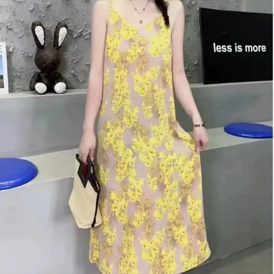 Fashion Temperament Printed Strap Floral Dress Yellow Flower - Shop at LoveMi