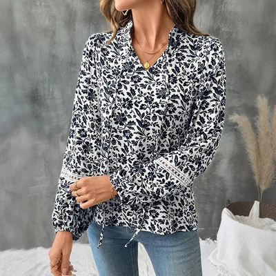 Casual Elegant Retro V neck Lace up Floral French Shirt Navy - Shop at LoveMi