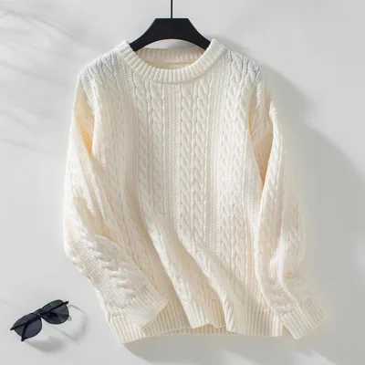 European And American Fashion Round Neck Twist Knit Sweater Pullover Long Sleeve Beige - Shop at LoveMi