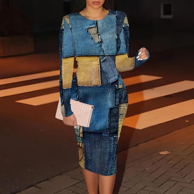 Women's Casual Printed Long sleeve Round collar Dress Blue Khaki - Shop at LoveMi