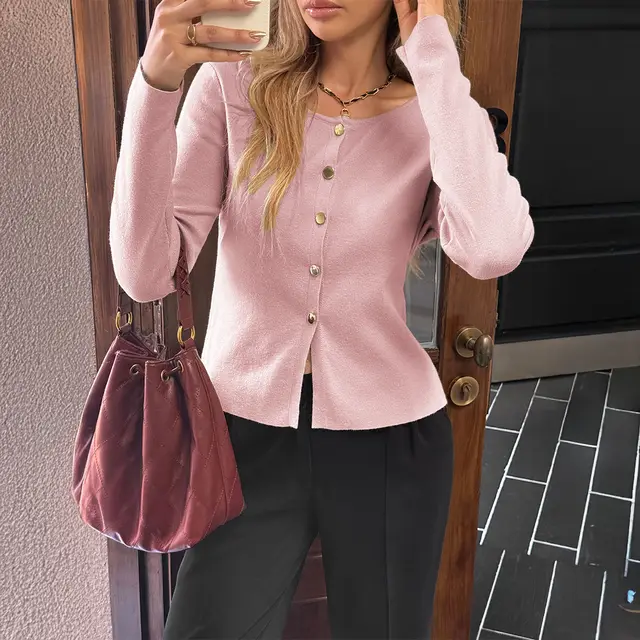 Fashion Button Long Sleeve Sweater For Women Pink - Shop at LoveMi