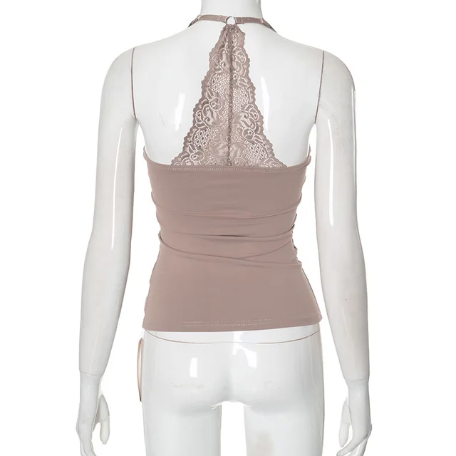 European And American Solid Color Sexy Lace Off the shoulder Strap Top Brown - Shop at LoveMi