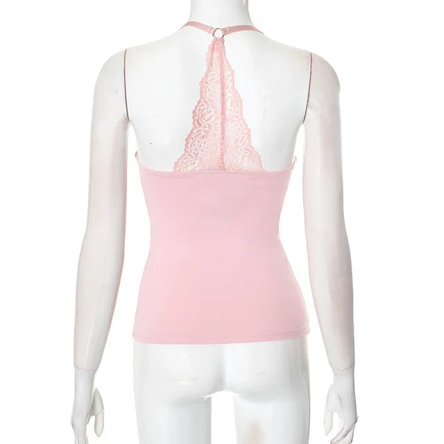 European And American Solid Color Sexy Lace Off the shoulder Strap Top Light Pink - Shop at LoveMi