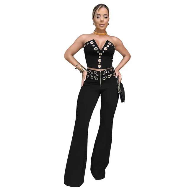 Fashion Women's Wear Sexy Tube Top Eyelet Metal Buckle Trousers Suit Black - Shop at LoveMi