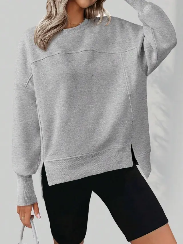 European And American Autumn And Winter Round Neck Long Sleeve Split Casual Loose Sweatshirt Gray - Shop at LoveMi
