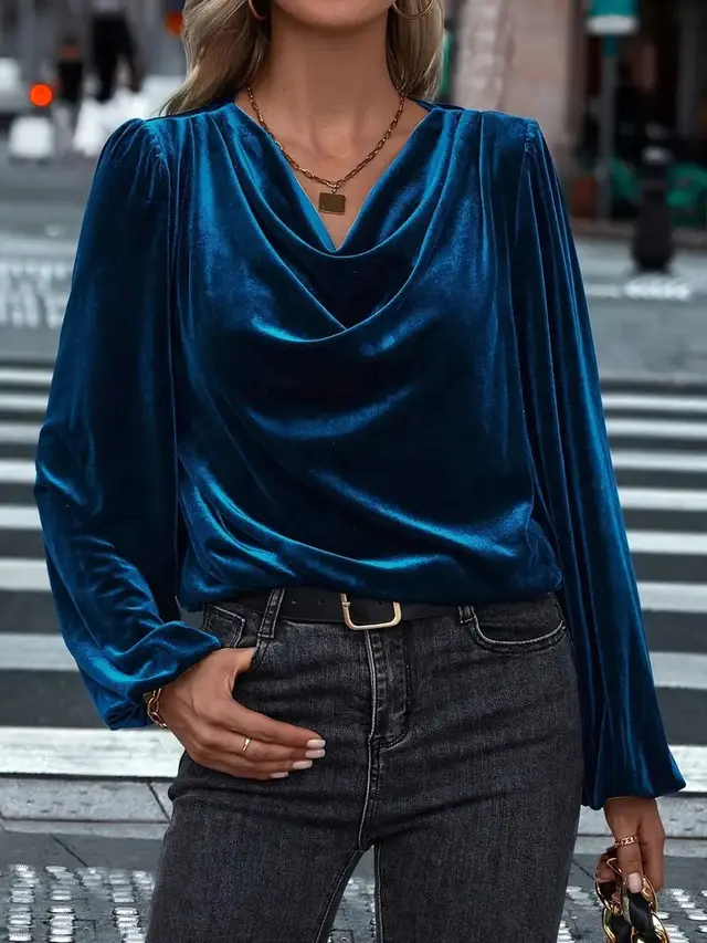 Women's Pile Collar Long Sleeve Top Navy Blue - Shop at LoveMi