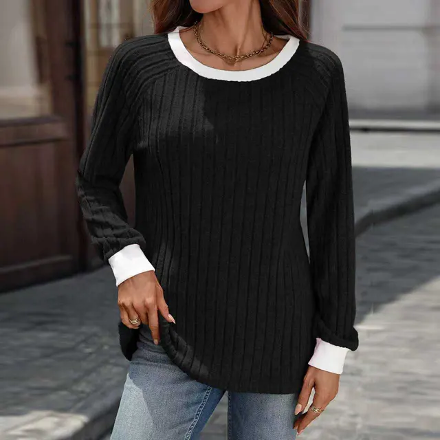 European And American Autumn And Winter Round Neck Contrast Color Long Sleeves Sunken Stripe T shirt Black - Shop at LoveMi
