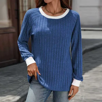 European And American Autumn And Winter Round Neck Contrast Color Long Sleeves Sunken Stripe T shirt Blue - Shop at LoveMi