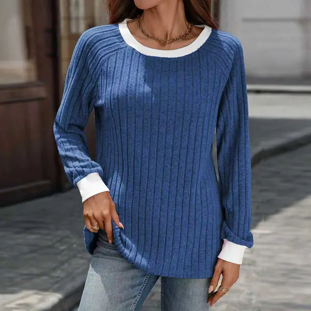 European And American Autumn And Winter Round Neck Contrast Color Long Sleeves Sunken Stripe T shirt Blue - Shop at LoveMi
