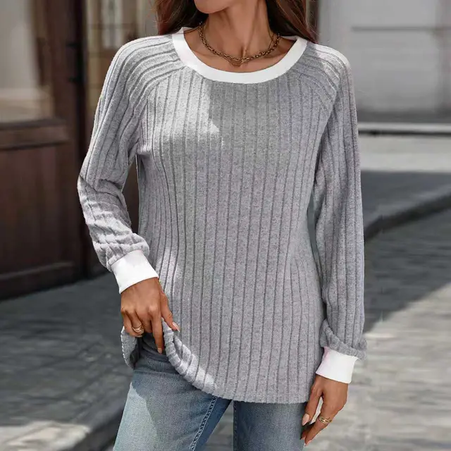 European And American Autumn And Winter Round Neck Contrast Color Long Sleeves Sunken Stripe T shirt Gray - Shop at LoveMi
