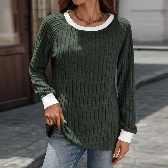 European And American Autumn And Winter Round Neck Contrast Color Long Sleeves Sunken Stripe T shirt Green - Shop at LoveMi