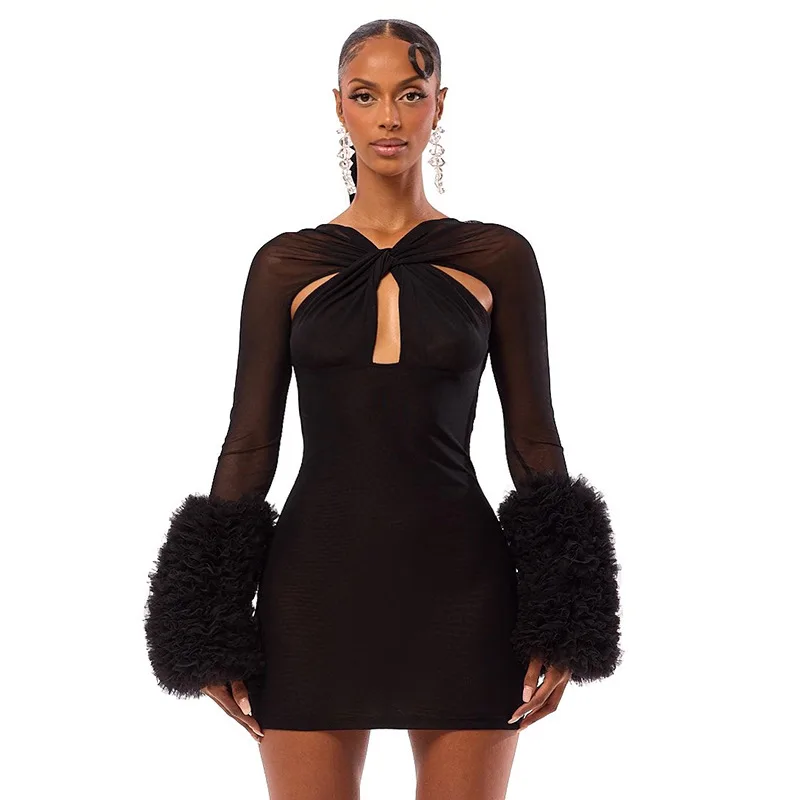 Mesh Cross Hollow out Long Sleeve Plush Sleeve Slim fit Sheath Dress Black - Shop at LoveMi