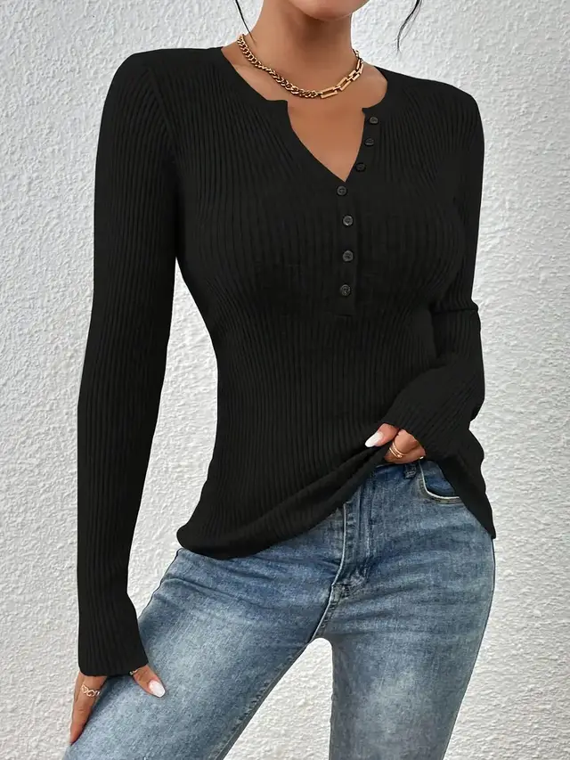 Women's V neck Long Sleeve Button Top Black - Shop at LoveMi